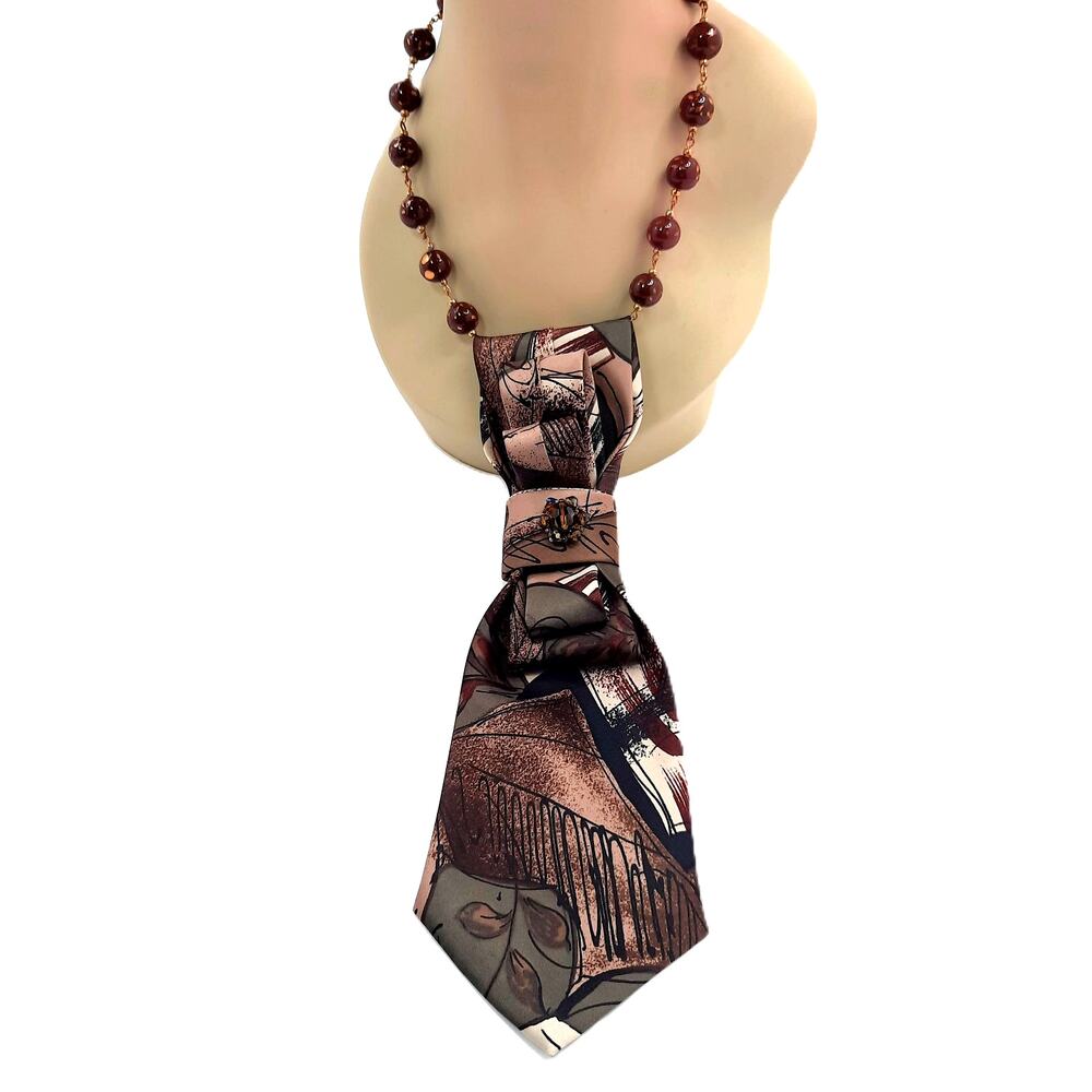 Handmade Abstract Silk Tie Necklace Mercedes Vintage Upcycled Brown Gold Beaded